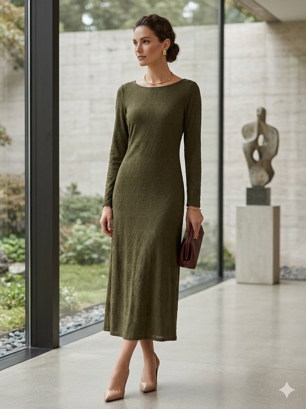 Polagram Olive Green Long-Sleeve Midi Dress